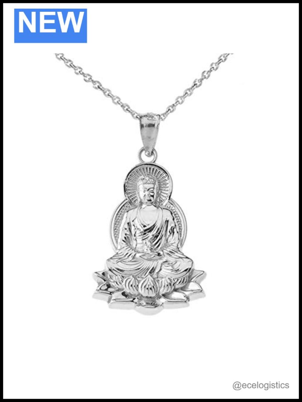 Fine Sterling Silver Buddha on Lotus Flower Pendant Necklace 18 inch Rolo Chain
